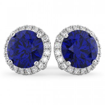 Halo Round Lab Blue Sapphire & Diamond Earrings 14k White Gold (5.17ct)