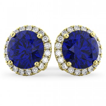 Halo Round Lab Blue Sapphire & Diamond Earrings 14k Yellow Gold (5.17ct)