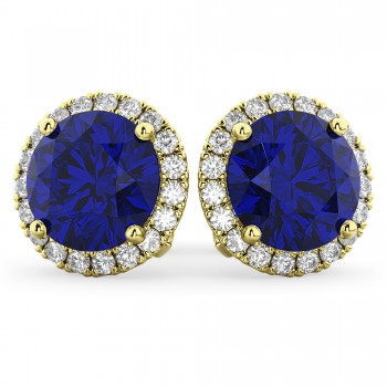 Halo Round Lab Blue Sapphire & Diamond Earrings 14k Yellow Gold (5.17ct)