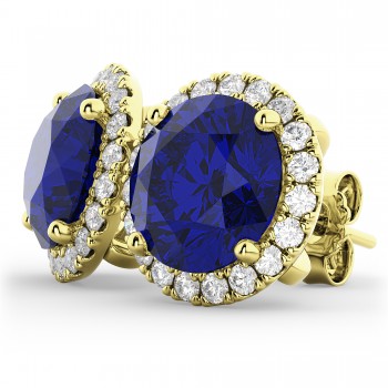 Halo Round Lab Blue Sapphire & Diamond Earrings 14k Yellow Gold (5.17ct)