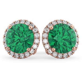 Halo Round Lab Emerald & Diamond Earrings 14k Rose Gold (4.97ct)