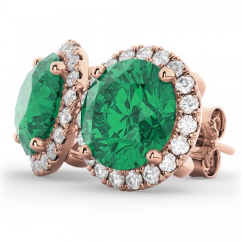 Halo Round Lab Emerald & Diamond Earrings 14k Rose Gold (4.97ct)