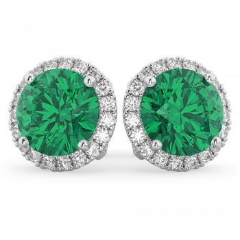 Halo Round Lab Emerald & Diamond Earrings 14k White Gold (4.97ct)