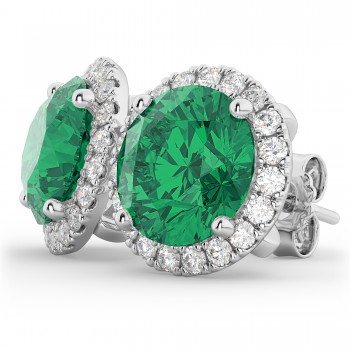 Halo Round Lab Emerald & Diamond Earrings 14k White Gold (4.97ct)