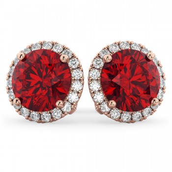 Halo Round Lab Ruby & Diamond Earrings 14k Rose Gold (5.17ct)