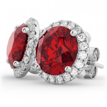 Halo Round Lab Ruby & Diamond Earrings 14k White Gold (5.17ct)