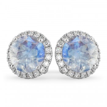 Halo Round Moonstone & Diamond Earrings 14k White Gold (5.57ct)