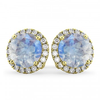 Halo Round Moonstone & Diamond Earrings 14k Yellow Gold (5.57ct)