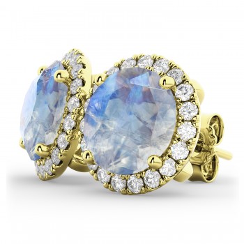 Halo Round Moonstone & Diamond Earrings 14k Yellow Gold (5.57ct)