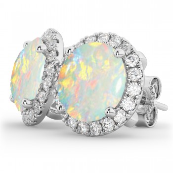 Halo Round Opal & Diamond Earrings 14k White Gold (3.17ct)