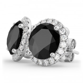 Halo Round Onyx & Diamond Earrings 14k White Gold (5.57ct)