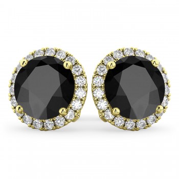 Halo Round Onyx & Diamond Earrings 14k Yellow Gold (5.57ct)