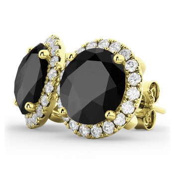 Halo Round Onyx & Diamond Earrings 14k Yellow Gold (5.57ct)