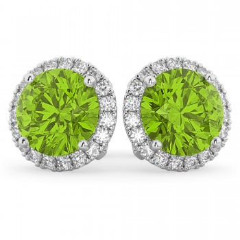 Halo Round Peridot & Diamond Earrings 14k White Gold (4.57ct)