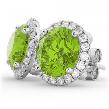 Halo Round Peridot & Diamond Earrings 14k White Gold (4.57ct)