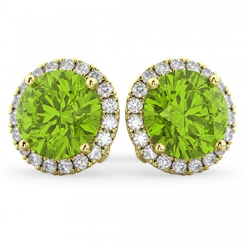 Halo Round Peridot & Diamond Earrings 14k Yellow Gold (4.57ct)