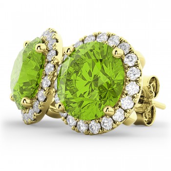 Halo Round Peridot & Diamond Earrings 14k Yellow Gold (4.57ct)