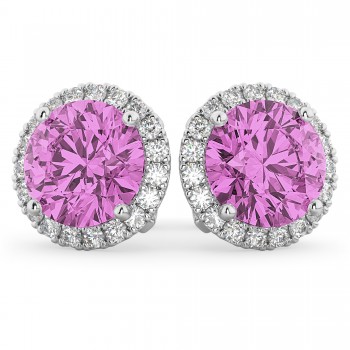 Halo Round Pink Sapphire & Diamond Earrings 14k White Gold (5.17ct)