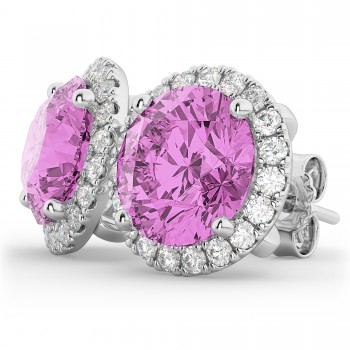 Halo Round Pink Sapphire & Diamond Earrings 14k White Gold (5.17ct)