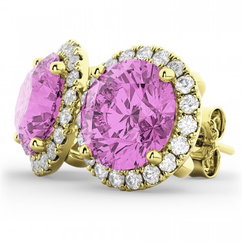 Halo Round Pink Sapphire & Diamond Earrings 14k Yellow Gold (5.17ct)