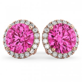 Halo Round Pink Tourmaline & Diamond Earrings 14k Rose Gold (4.57ct)