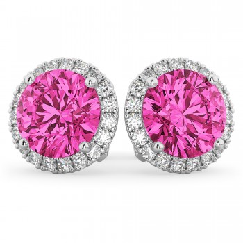 Halo Round Pink Tourmaline & Diamond Earrings 14k White Gold (4.57ct)