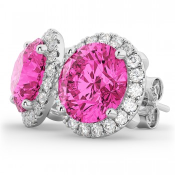 Halo Round Pink Tourmaline & Diamond Earrings 14k White Gold (4.57ct)