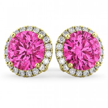 Halo Round Pink Tourmaline & Diamond Earrings 14k Yellow Gold (4.57ct)