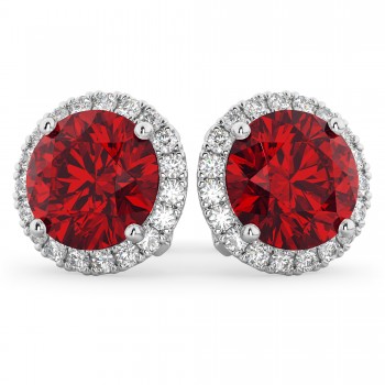 Halo Round Ruby & Diamond Earrings 14k White Gold (5.17ct)