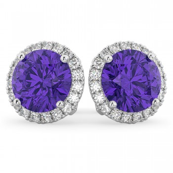 Halo Round Tanzanite & Diamond Earrings 14k White Gold (4.17ct)