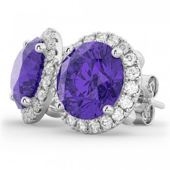 Halo Round Tanzanite & Diamond Earrings 14k White Gold (4.17ct)