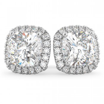 Halo Cushion Cut Diamond Stud Earrings 14k White Gold (3.10ct)