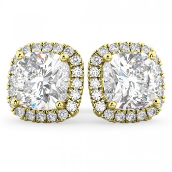 Halo Cushion Cut Diamond Stud Earrings 14k Yellow Gold (3.10ct)