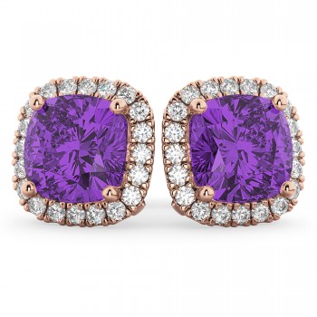 Halo Cushion Amethyst & Diamond Earrings 14k Rose Gold (4.04ct)