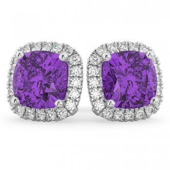 Halo Cushion Amethyst & Diamond Earrings 14k White Gold (4.04ct)