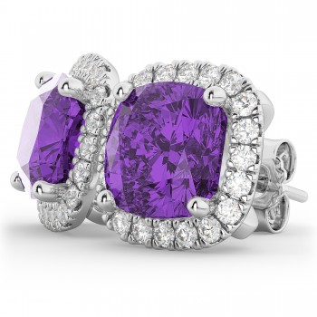 Halo Cushion Amethyst & Diamond Earrings 14k White Gold (4.04ct)