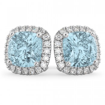 Halo Cushion Aquamarine & Diamond Earrings 14k White Gold (4.04ct)