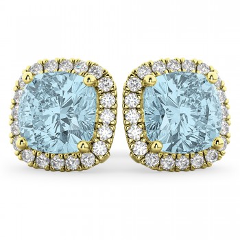 Halo Cushion Aquamarine & Diamond Earrings 14k Yellow Gold (4.04ct)