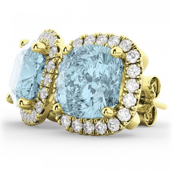 Halo Cushion Aquamarine & Diamond Earrings 14k Yellow Gold (4.04ct)