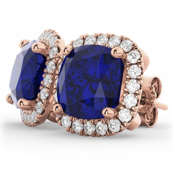 Halo Cushion Blue Sapphire & Diamond Earrings 14k Rose Gold (4.04ct)