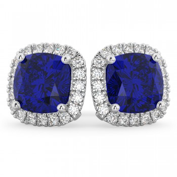 Halo Cushion Blue Sapphire & Diamond Earrings 14k White Gold (4.04ct)