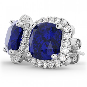 Halo Cushion Blue Sapphire & Diamond Earrings 14k White Gold (4.04ct)