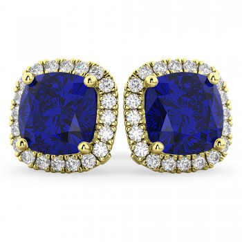 Halo Cushion Blue Sapphire & Diamond Earrings 14k Yellow Gold (4.04ct)