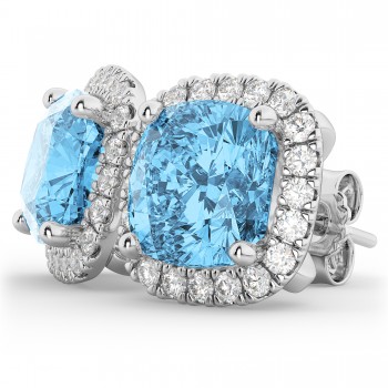 Halo Cushion Blue Topaz & Diamond Earrings 14k White Gold (4.04ct)