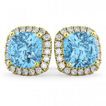Halo Cushion Blue Topaz & Diamond Earrings 14k Yellow Gold (4.04ct)