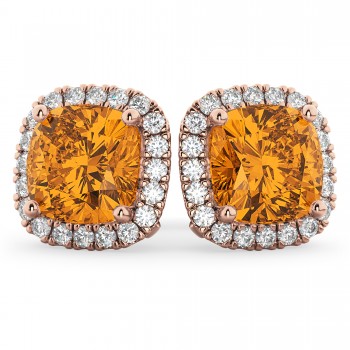 Halo Cushion Citrine & Diamond Earrings 14k Rose Gold (4.04ct)