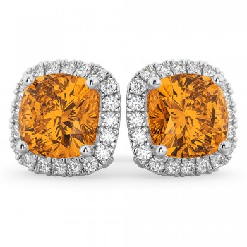 Halo Cushion Citrine & Diamond Earrings 14k White Gold (4.04ct)