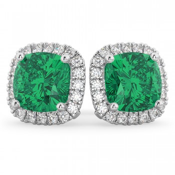 Halo Cushion Emerald & Diamond Earrings 14k White Gold (4.04ct)