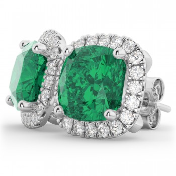 Halo Cushion Emerald & Diamond Earrings 14k White Gold (4.04ct)