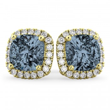 Halo Cushion Gray Spinel & Diamond Earrings 14k Yellow Gold (4.04ct)